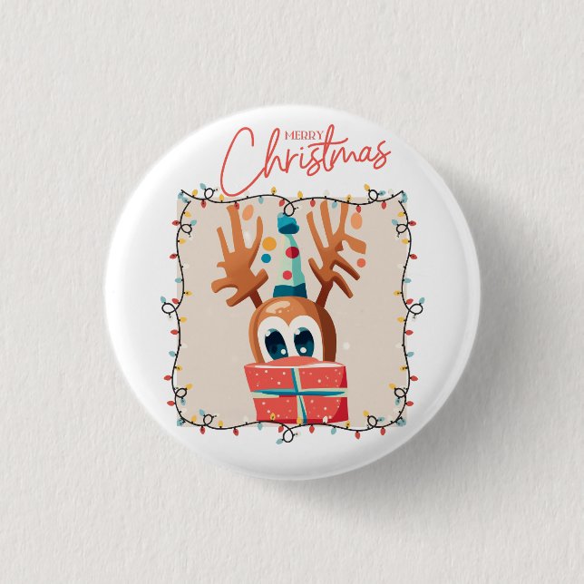 Spielerischer Rentier mit Geschenk Button (Vorderseite)