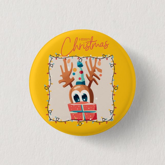 Spielerischer Rentier mit Geschenk Button (Vorderseite)