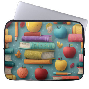 Spielerisches Design mit Büchern und Apple Laptopschutzhülle