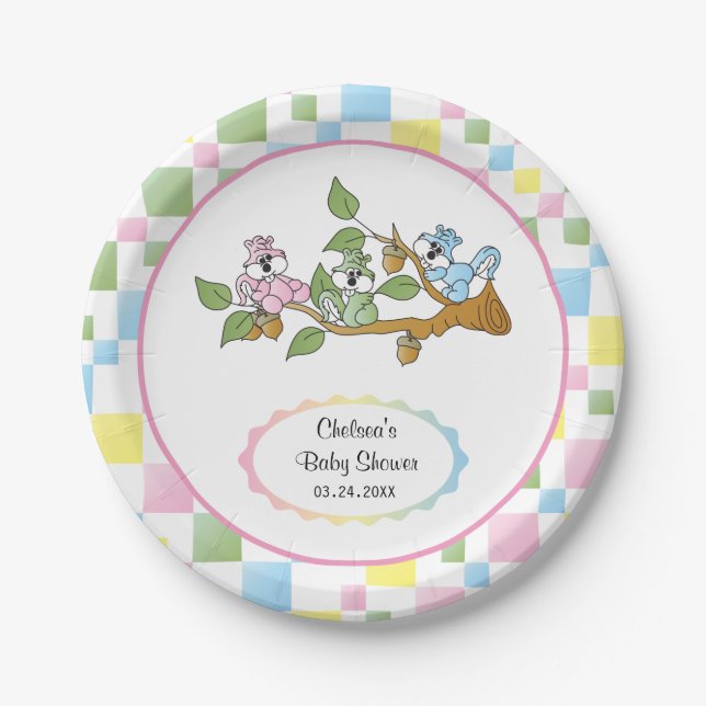 Spielerisches Eichhörnchen-Babyparty-Thema Pappteller (Vorderseite)
