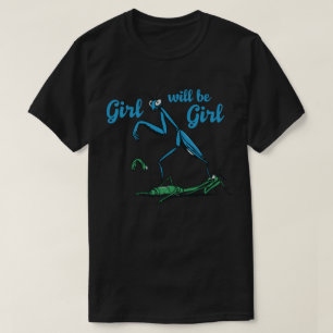 Spielerisches Gebet Mantis Grafik auf weißem Hinte T-Shirt