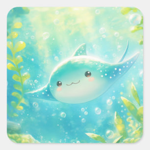 Spielerisches Manta Ray Schwimmen in Korallengewäs Quadratischer Aufkleber