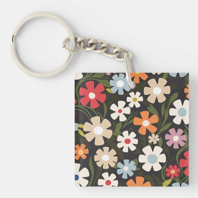 Spielerisches Multicolor-Blumengesteck mit schwarz Schlüsselanhänger (Vorderseite)