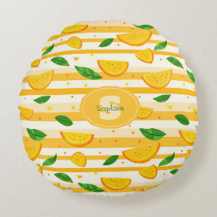 Spielerisches Orange Slice Muster mit grünen Blätt Rundes Kissen