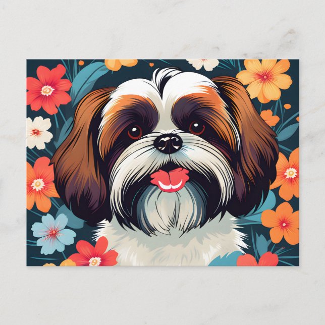 Spielerisches Shih-Tzu- und Blume-Feld Postkarte (Vorderseite)