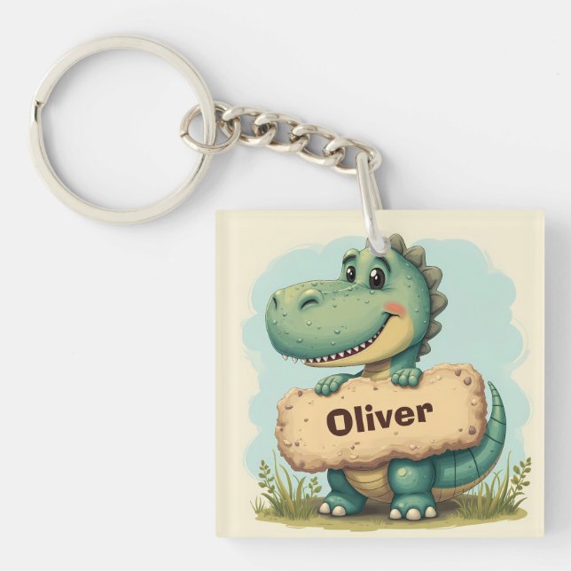 Spielerisches T-Rex mit Stone Name Sign Schlüsselanhänger (Vorderseite)