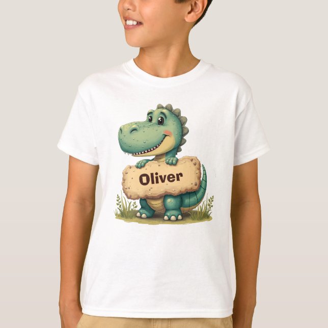 Spielerisches T-Rex mit Stone Name Sign T-Shirt (Vorderseite)