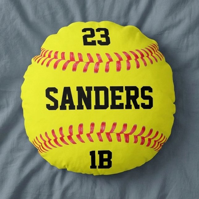 Spielername, Nummer und Position Fastfeld-Software Rundes Kissen (Round softball pillow with custom softball player name, player number and position.)