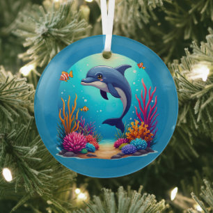 Spielhafter Delfin im lebendigen Korallenriff Ornament Aus Glas