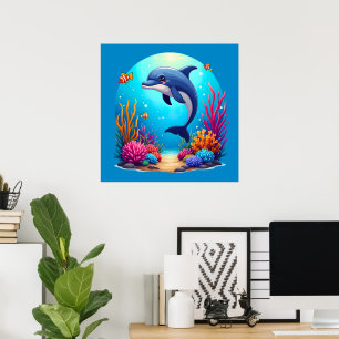 Spielhafter Delfin im lebendigen Korallenriff Poster