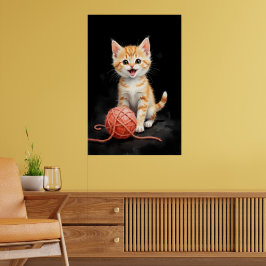 Spielhaftes Kätzchen mit Garn Wasserfarbdruck Poster