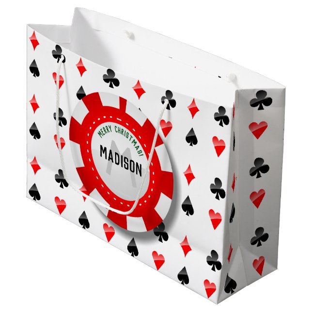 Spielkarte-Anzüge mit mit Monogramm Poker-Chip Große Geschenktüte (Vorderseite Schrägansicht)