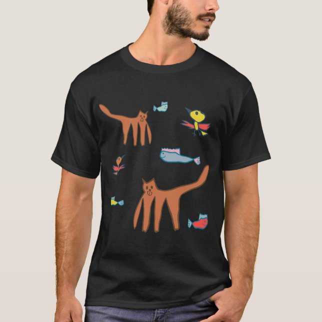 Spielkatze und Fischmuster T-Shirt (Vorderseite)