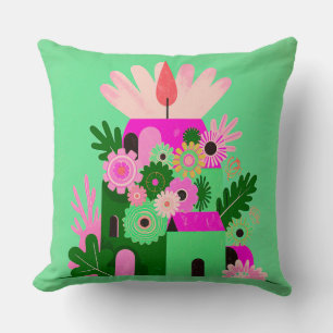 Spieltönendes Rosa und Grün Blumen Design Kissen