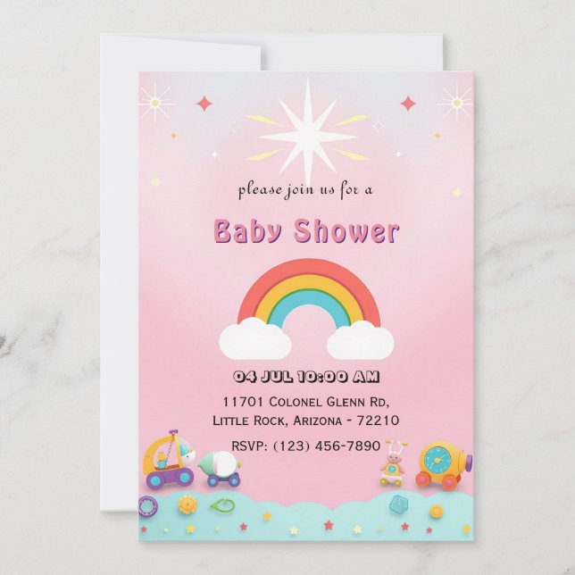 Spielvolle Rainbow Baby Shower Card mit Niedlichem Einladung (Vorderseite)