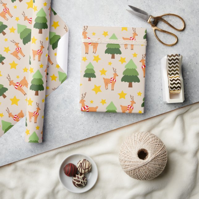 Spielvolle Rentiere Weihnachtsbaum & Sterne Nahtlo Geschenkpapier (Kunsthandwerk)