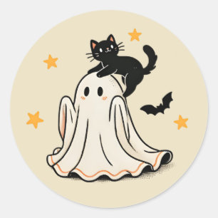 Spielvolle schwarze Katze auf Ghost's Kopf Hallowe Runder Aufkleber
