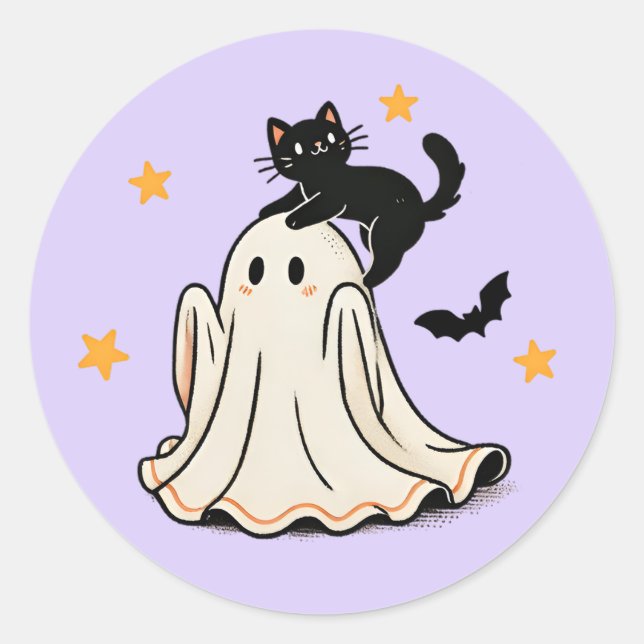 Spielvolle schwarze Katze auf Ghost's Kopf Hallowe Runder Aufkleber (Vorderseite)