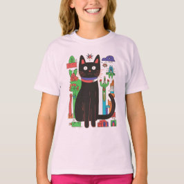 Spielvolle schwarze Katze mit farbenfrohen Abstrak T-Shirt