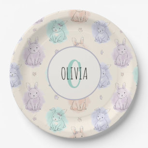 Spielvolle Sketch Bunnies Monogram Pappteller