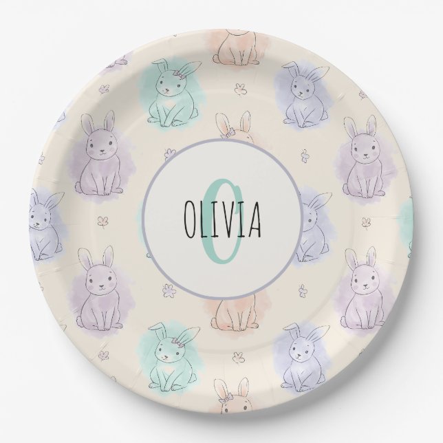 Spielvolle Sketch Bunnies Monogram Pappteller (Vorderseite)