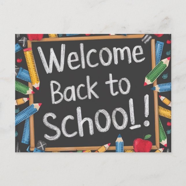 Spielvolles Chalkboard Willkommen zurück zur Schul Postkarte (Vorderseite)
