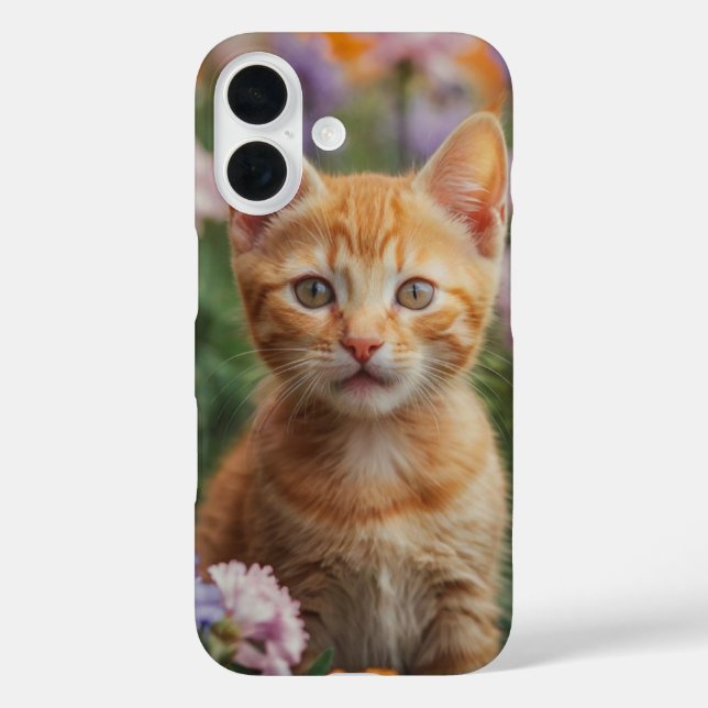 Spielvolles Kitten in Blume iPhone 16 Hülle (Rückseite)
