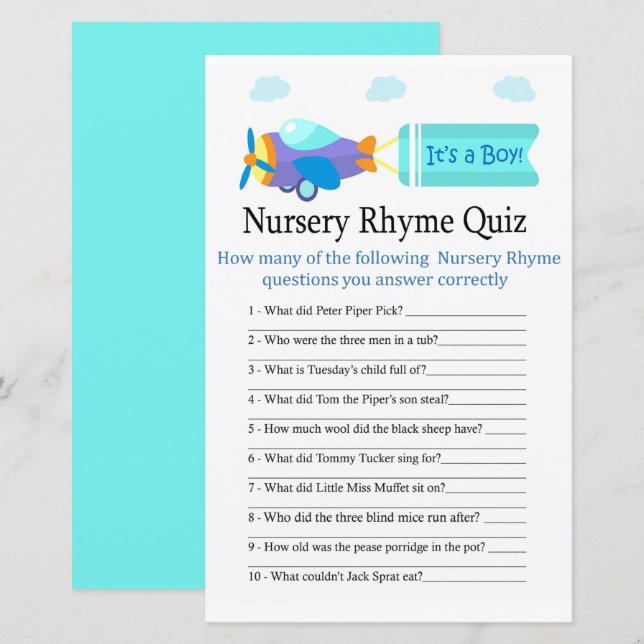 Spielzeug-Kinderzimmer Rhyme Quiz Babyduschenspiel (Vorne/Hinten)