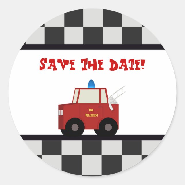 Spielzeugfeuerwagen Save the Date Aufkleber (Vorderseite)