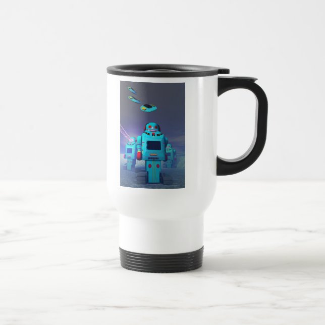 Spielzeugroboter auf der Tasse des Angriffs (Rechts)