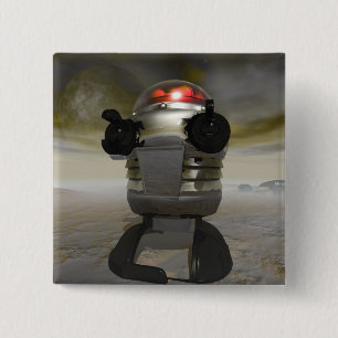 Spielzeugroboter auf einem alienplanet Knopf Button