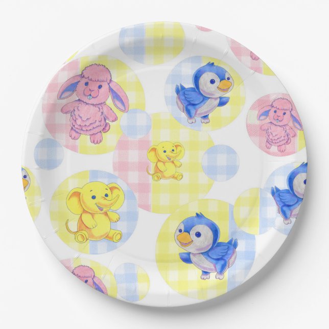 Spielzeugtiere aus Papier Gingham Pappteller (Vorderseite)