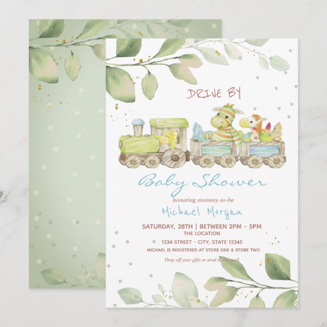 Spielzeugzug mit Babydusche Einladung (Vorne/Hinten)