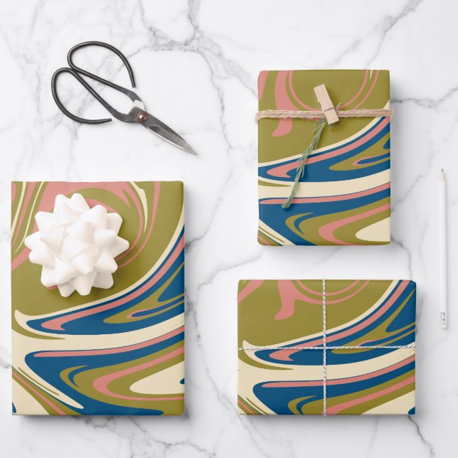 Spill - Blau, Olivgrün, Rosa und Creme Geschenkpapier Set (Vorderseite)