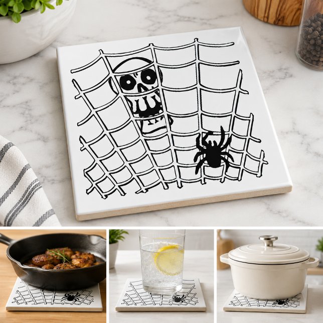 Spinne im Web mit Skull Halloween Tile Fliese (Spider in Web with Skull Halloween Tile)