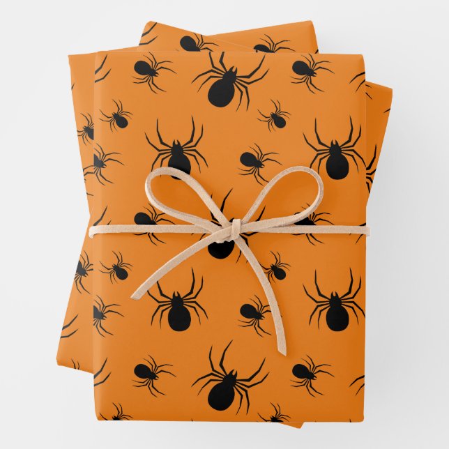 Spinnen Halloween Muster Schwarz und Orange Geschenkpapier Set (Beispiel)