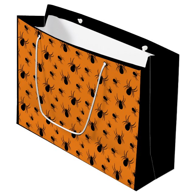 Spinnen Halloween Muster Schwarz und Orange Große Geschenktüte (Vorderseite Schrägansicht)