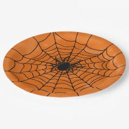 Spinnen-Netz mit Spinne auf orange Halloween Pappteller