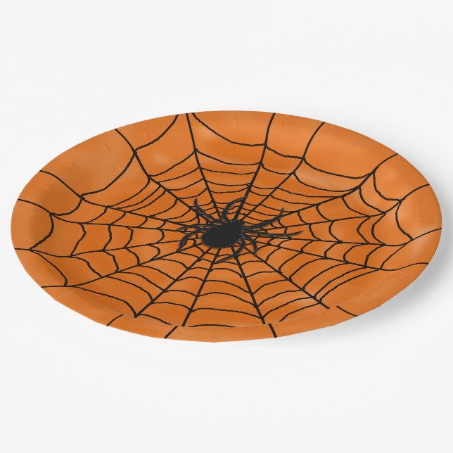 Spinnen-Netz mit Spinne auf orange Halloween Pappteller (Schrägansicht)