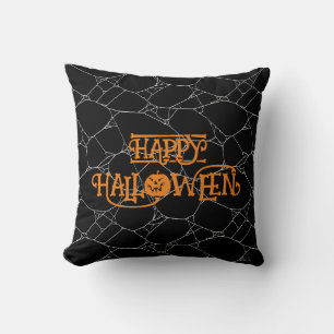 Spinnennetz Schwarz & Weiß Orange Frohes Halloween Kissen