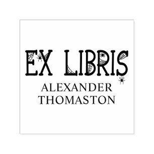 Spinnennetze mit hängenden Spinnen auf Ex Libris T Permastempel