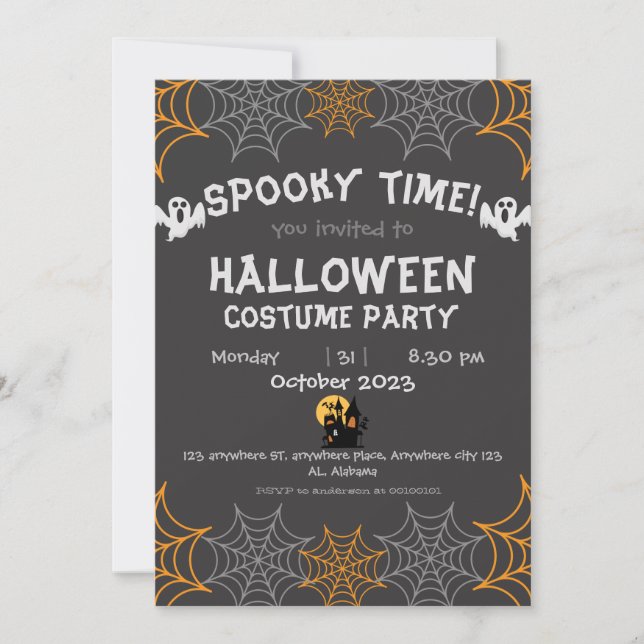 Spinnennetze Orange Spooky Adult Halloween-Party Einladung (Vorderseite)