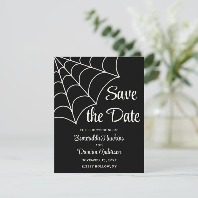 Spinnennetze Save the Date schwarz und weiß gotisc Einladung (Stehend Vorderseite)