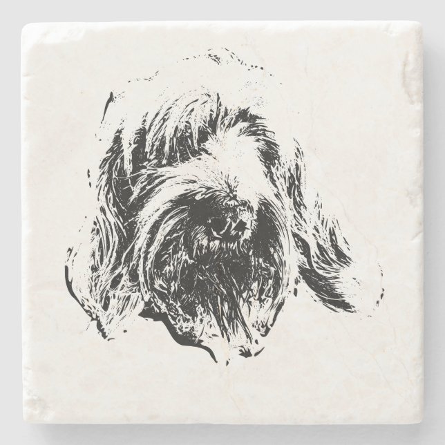 Spinone Dog Coaster – Black & White Ink Headshot Steinuntersetzer (Vorderseite)