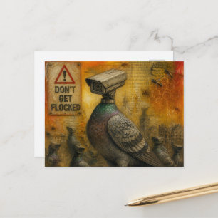 Spionentauben mit Warnschildern Enkaustik-Collage Postkarte
