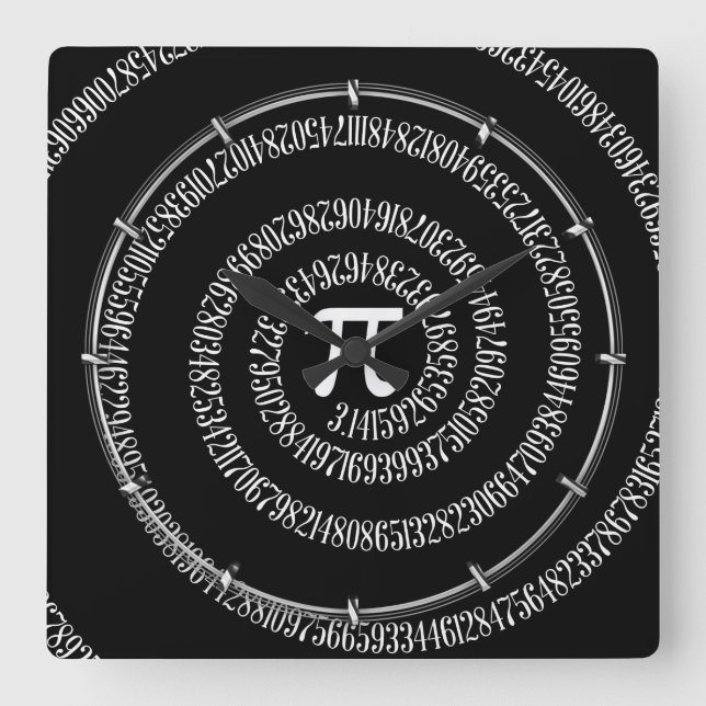 Spiral for Pi on Black Style Quadratische Wanduhr (Vorderseite)
