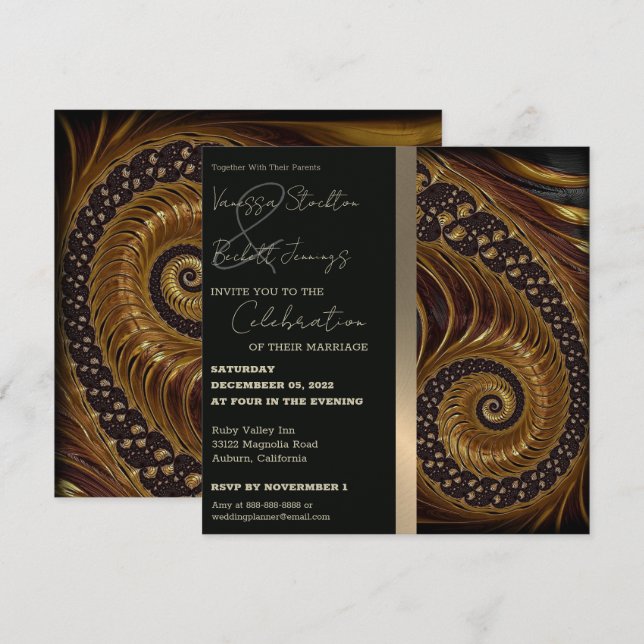 Spiral Gold Fraktal Hochzeitseinladung Einladung (Vorne/Hinten)