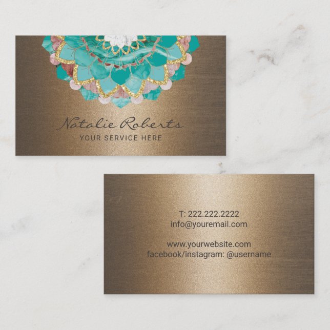 Spiral Mandala Blume Aquamarin & Gold Wellness-Cen Visitenkarte (Vorne/Hinten)