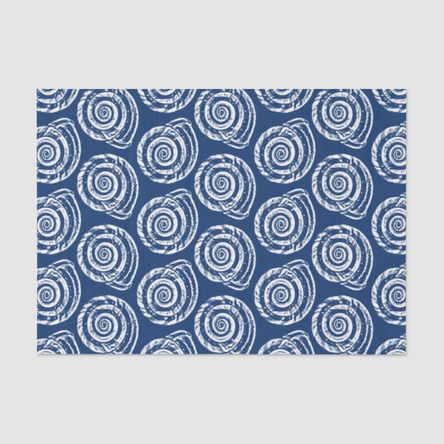 Spiral-Muschel-Blockdruck, Kobalt-Blau und Weiß Seidenpapier (Vorderseite)