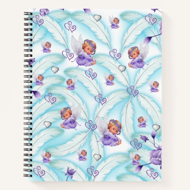 Spiral Notebook Lila Angle Hearts Blue Feathers Notizbuch (Vorderseite)